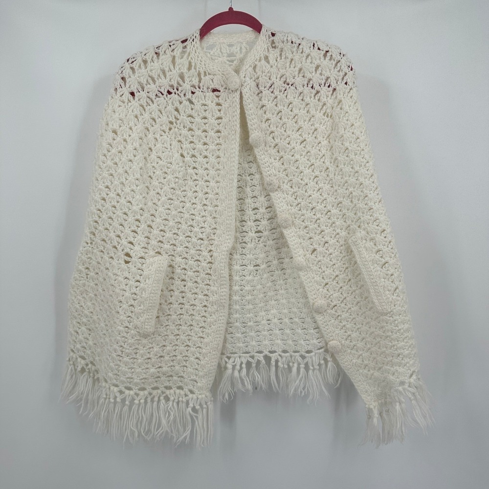 Womens Vintage Crochet Cottagecore Shabby Chic Poncho Cape OS Coquette Fringe